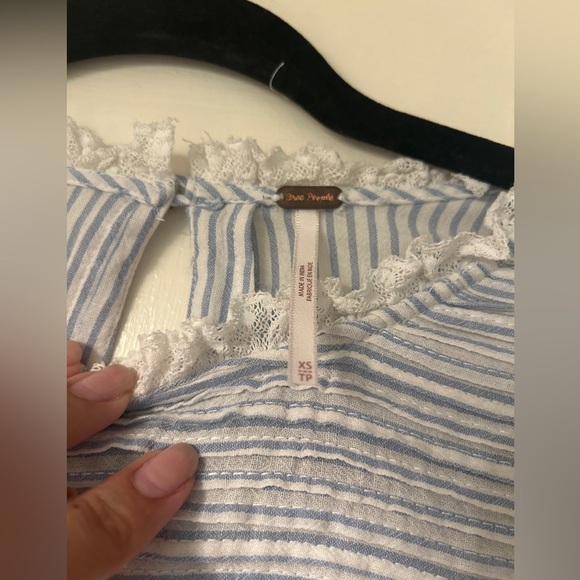 Free People Blue Pinstripe Ruffled Lace Victorian-Style Cotton Blouse XSmall - Picture 2 of 5